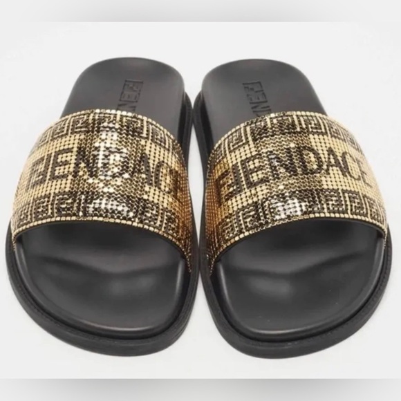 NEW Fendi X Versace Collab Gold Metal and Leather Slides - Picture 1 of 6